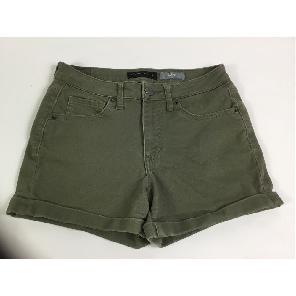 Aeropostale booty Shorts Womens Size 4 stretch midi cuff Khaki green Waist 26